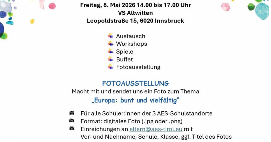 Plakat: Einladung, Fest zum Europatag, Freitag, 9.5., ab 14 Uhr, VS Altwilten