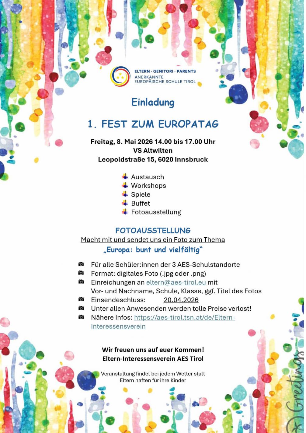 Plakat: Einladung, Fest zum Europatag, Freitag, 9.5., ab 14 Uhr, VS Altwilten