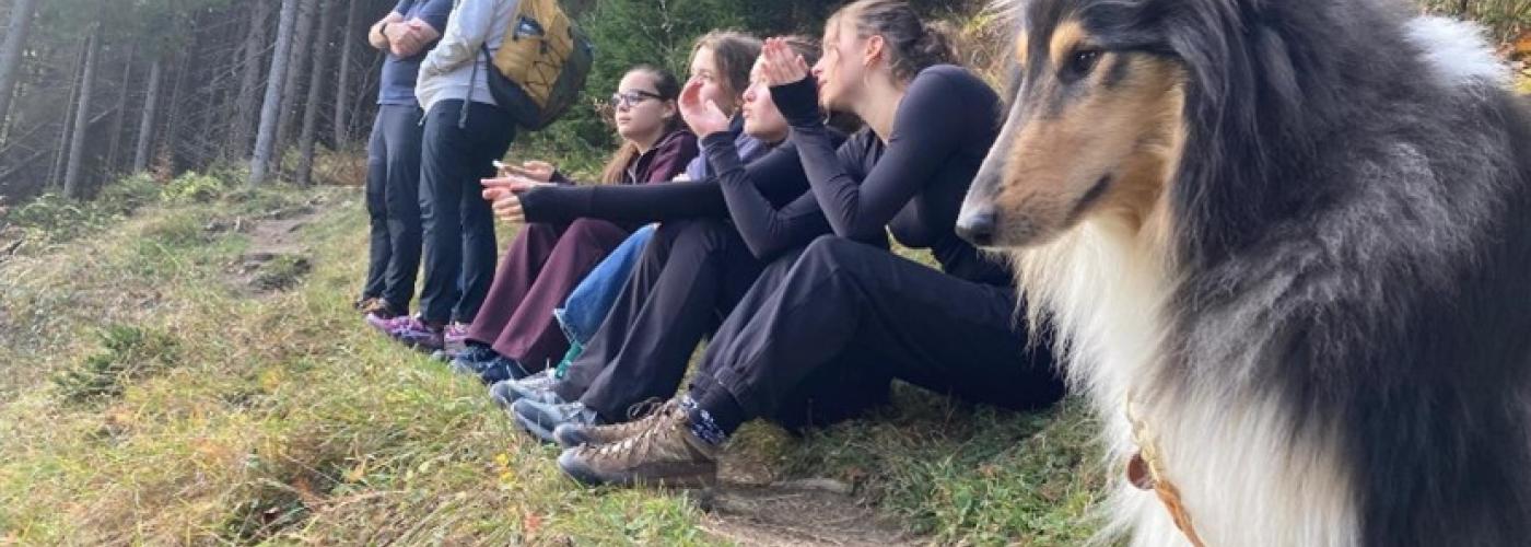 © EIV/Magdalena Schlögl | Bildquelle: EIV/Magdalena Schlögl | Urheber:in: EIV/Magdalena Schlögl Schüler*innen des Student Mobility Programme und ein Border Collie machen am Waldboden sitzend Pause.